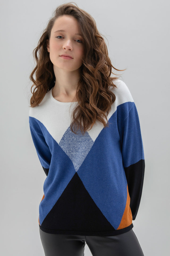 Marble Fashions 7605 Cobalt Geo Colour Block Jumper - Experience Boutique