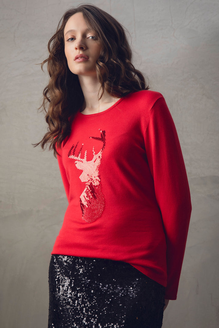 Marble Fashions 7680 109 Red Sequin Stag Round Neck Jumper - Experience Boutique