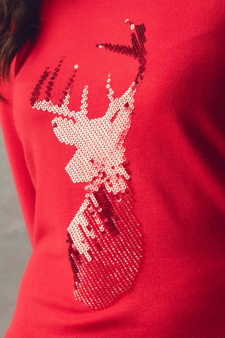 Marble Fashions 7680 109 Red Sequin Stag Round Neck Jumper - Experience Boutique