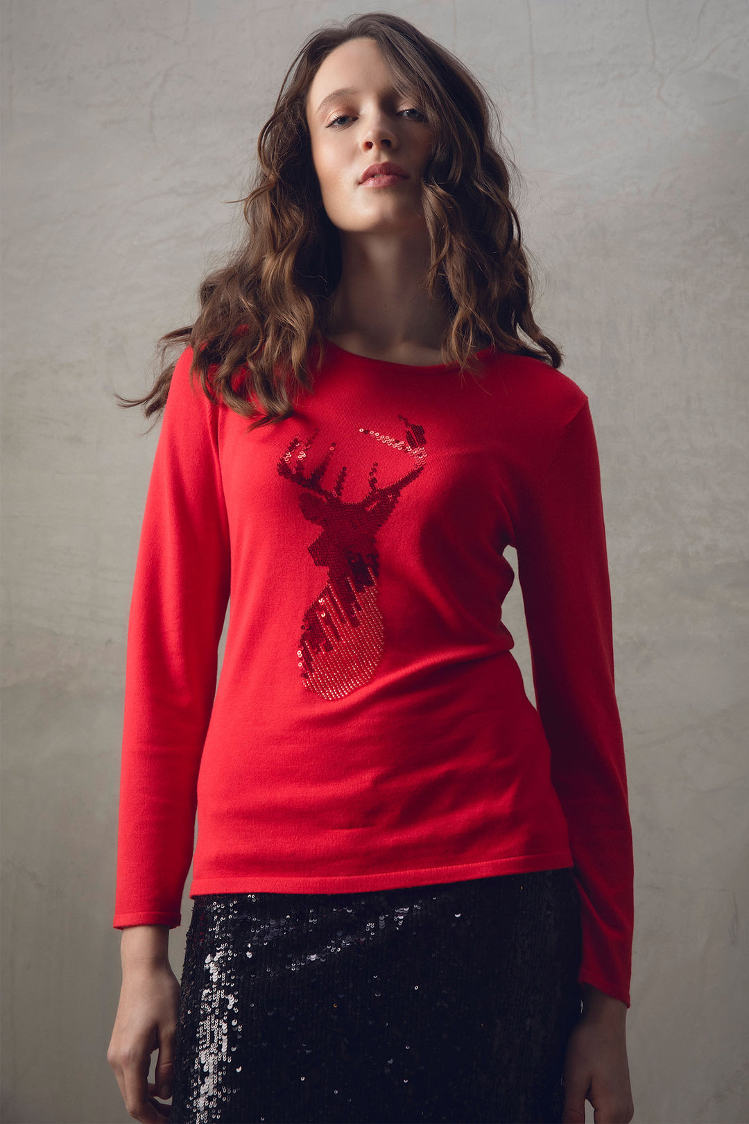 Marble Fashions 7680 109 Red Sequin Stag Round Neck Jumper - Experience Boutique