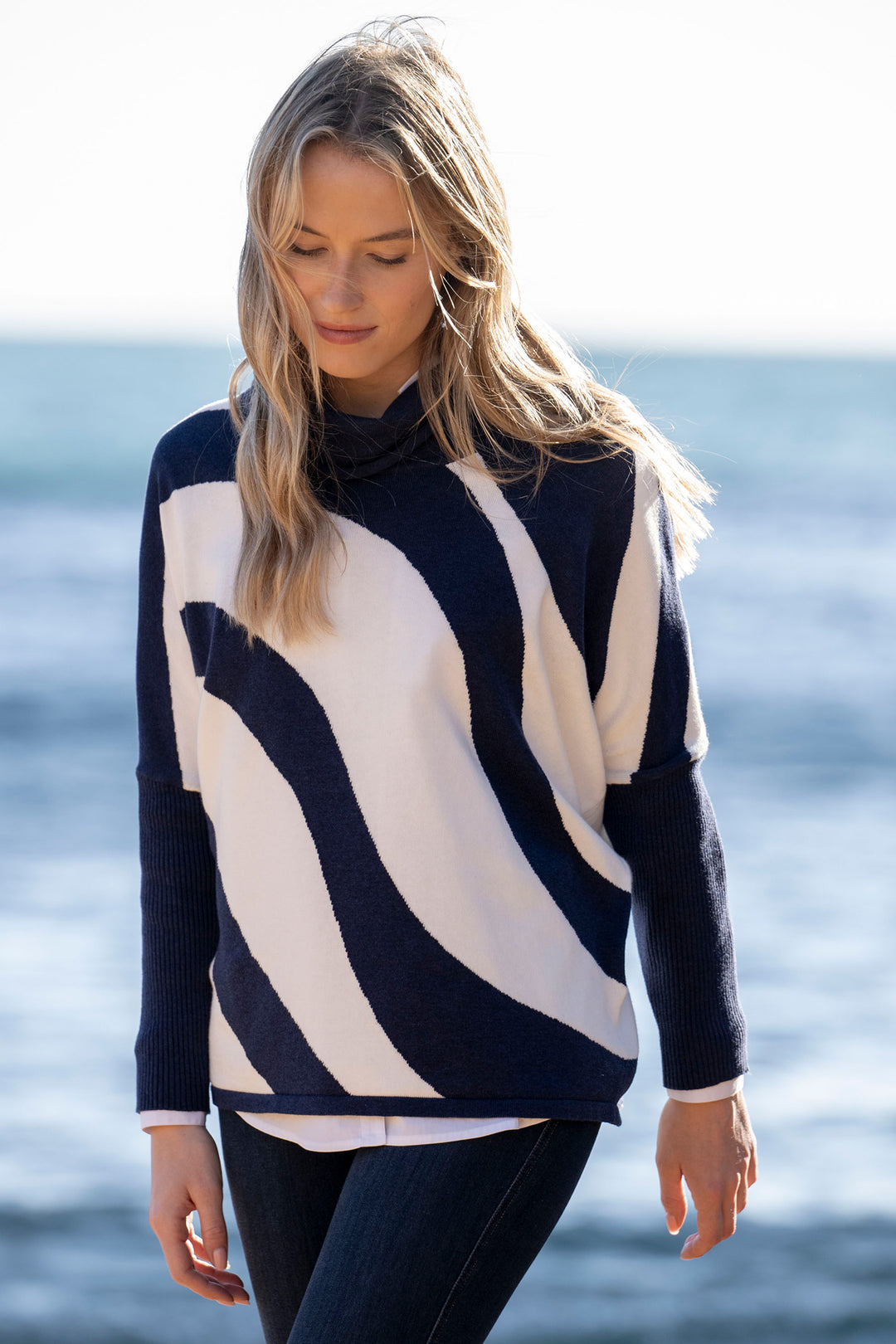 Marble Fashions 8068 Navy White Wave Stripe Jumper 103