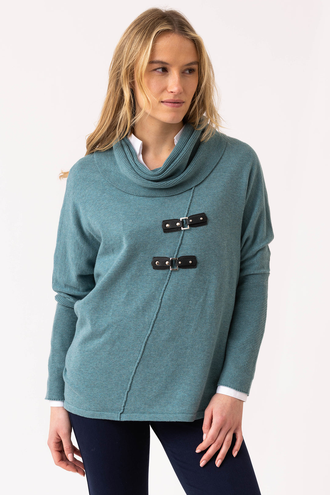 Marble Fashions 8093 Duck Egg Blue Cowl Neck Buckle Jumper 223
