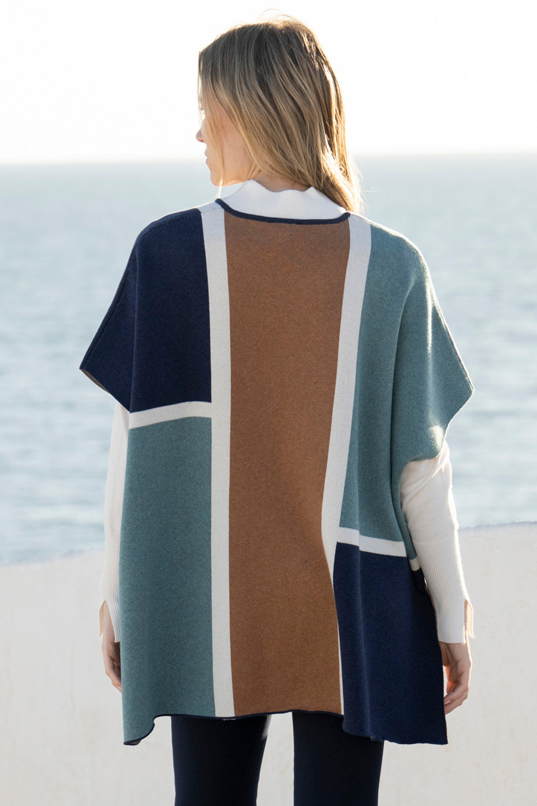 Marble Fashions 8112 Duck Egg Blue Colour Block Knitted Cape 223