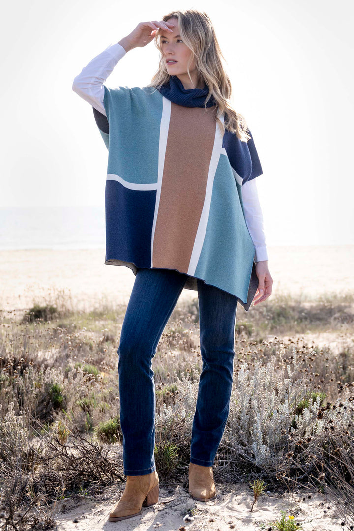 Marble Fashions 8112 Duck Egg Blue Colour Block Knitted Cape 223
