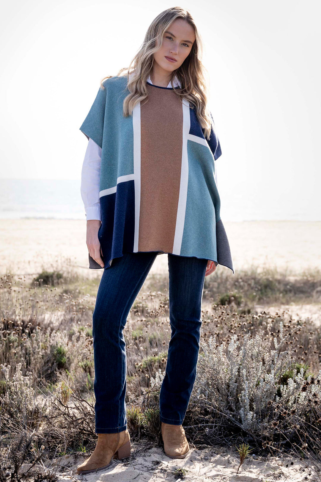 Marble Fashions 8112 Duck Egg Blue Colour Block Knitted Cape 223