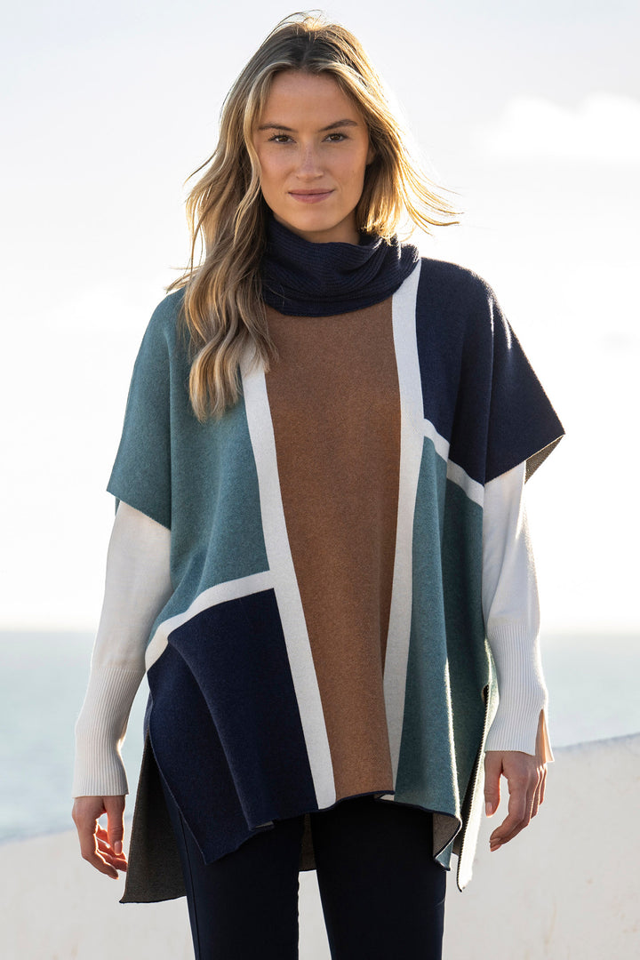 Marble Fashions 8112 Duck Egg Blue Colour Block Knitted Cape 223