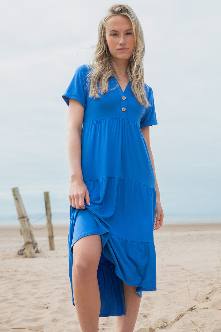 Marble Tiered Dress Midi Length Blue 7915 153 - Experience Boutique