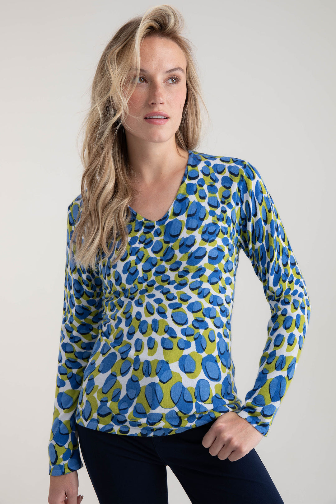 Marble Top Blue Petal Print Long Sleeve 7808 153 - Experience Boutique