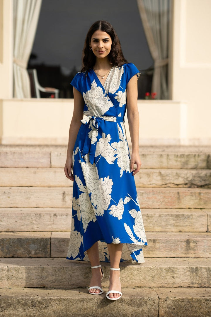 Mela Blue Blossom Print Wrap Midi With Dipped Hem
