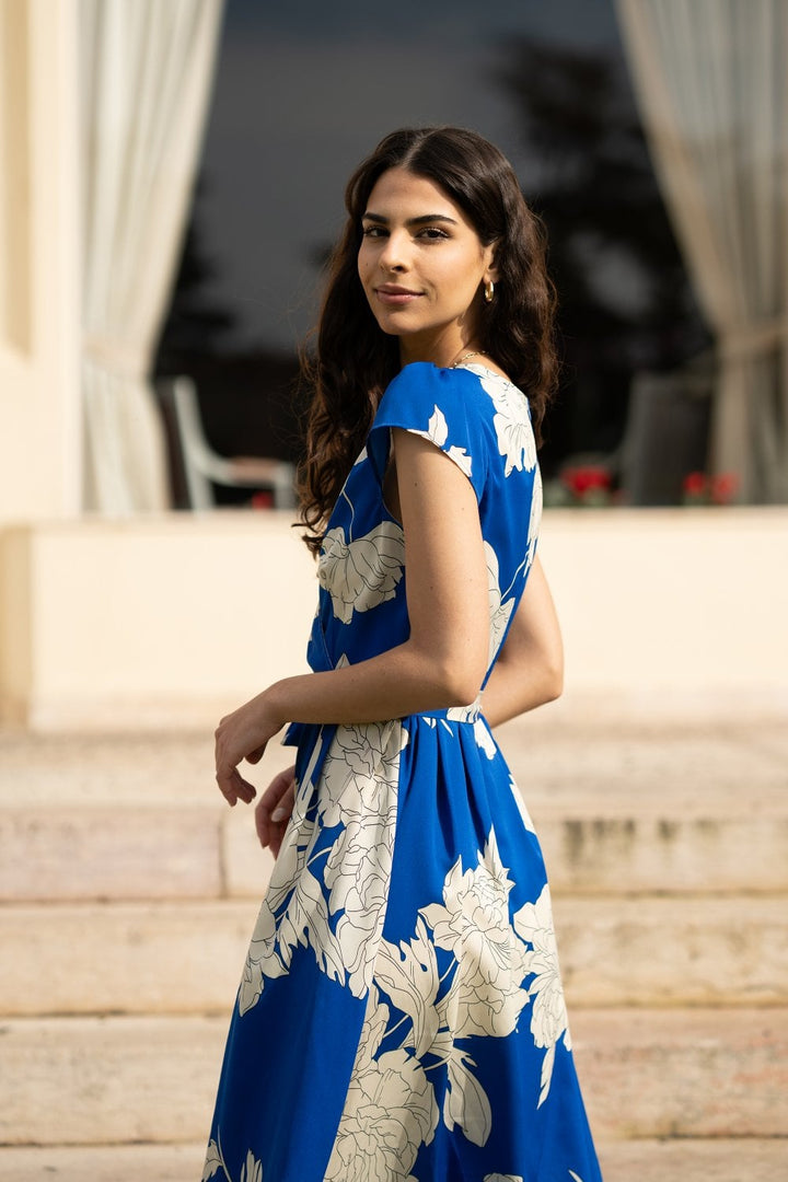 Mela Blue Blossom Print Wrap Midi With Dipped Hem