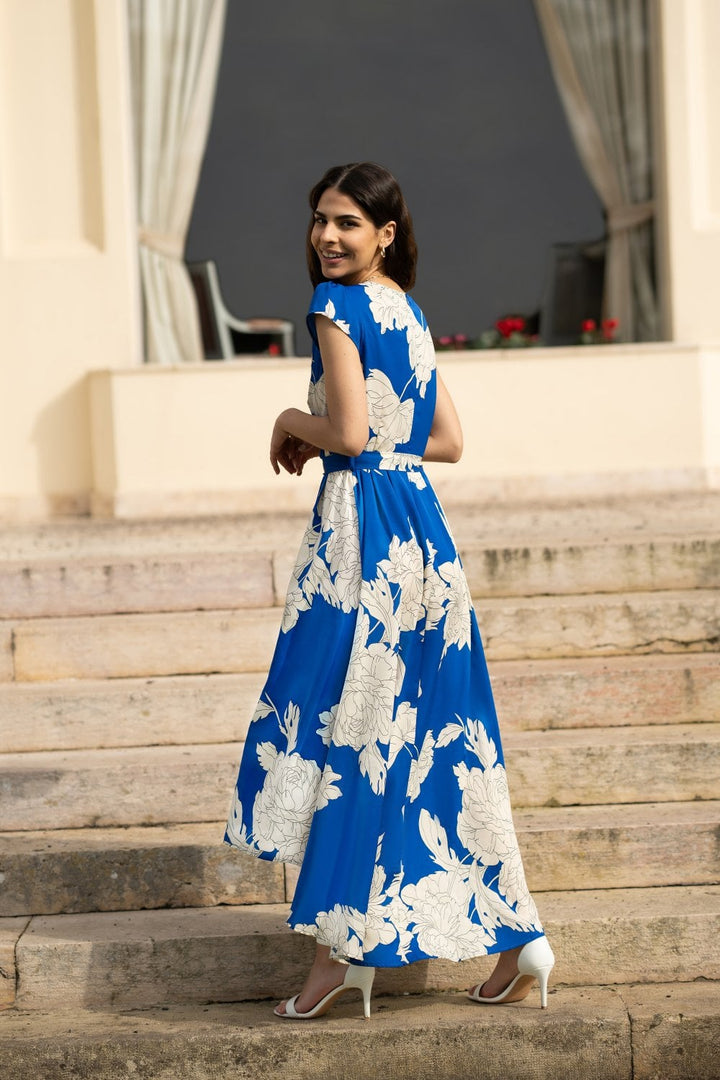 Mela Blue Blossom Print Wrap Midi With Dipped Hem