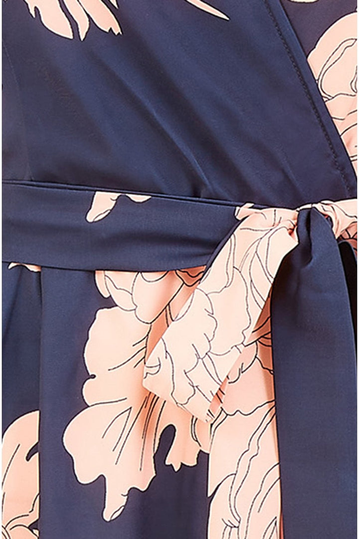 Mela Navy Blossom Print Wrap Midi With Dipped Hem