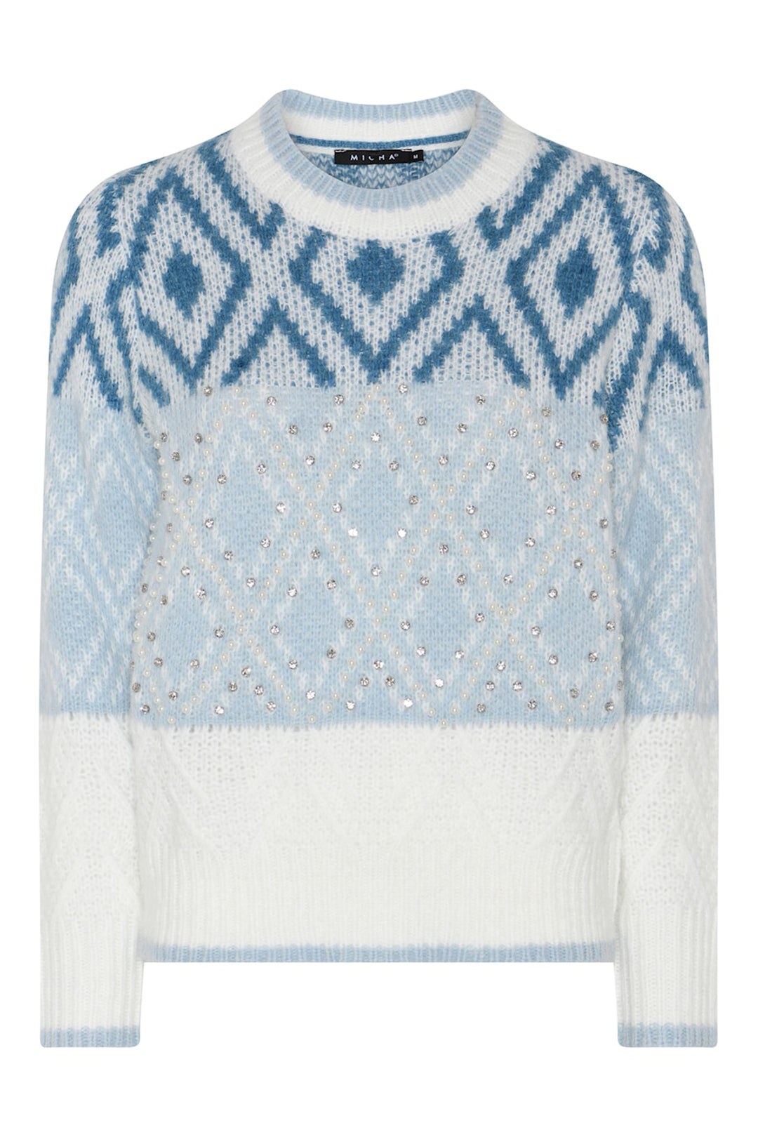 Micha Blue Pearl Crystal Diamond Jacquard Jumper 182-190 44015, front view flat