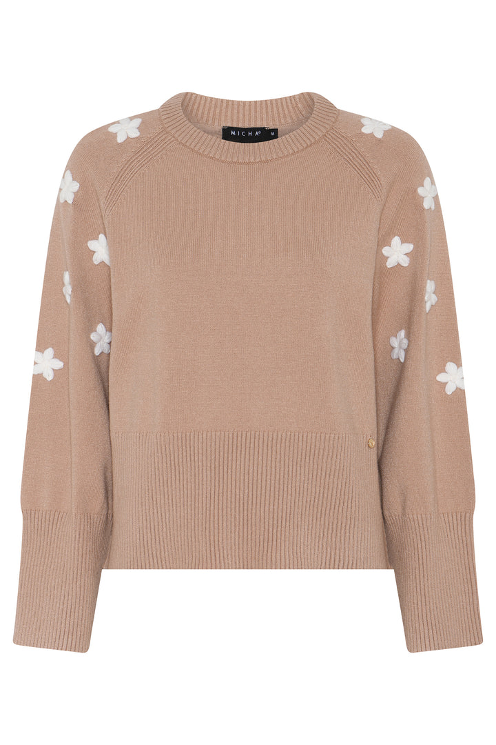 Micha Camel Floral Embroidered Crew Neck Jumper 183-159 34767