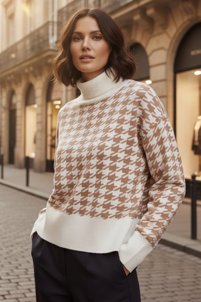 Micha Camel Houndstooth Roll-Neck Jumper 183-140 47462