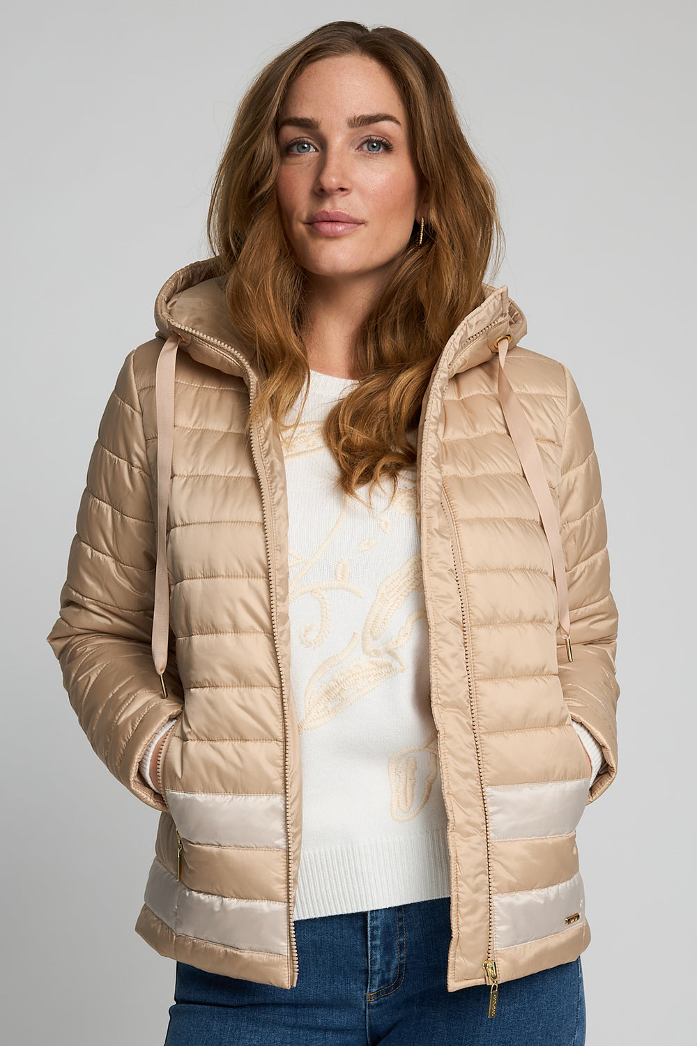 Micha Camel Quilted Hooded Puffer Jacket 144-292 45063, styled