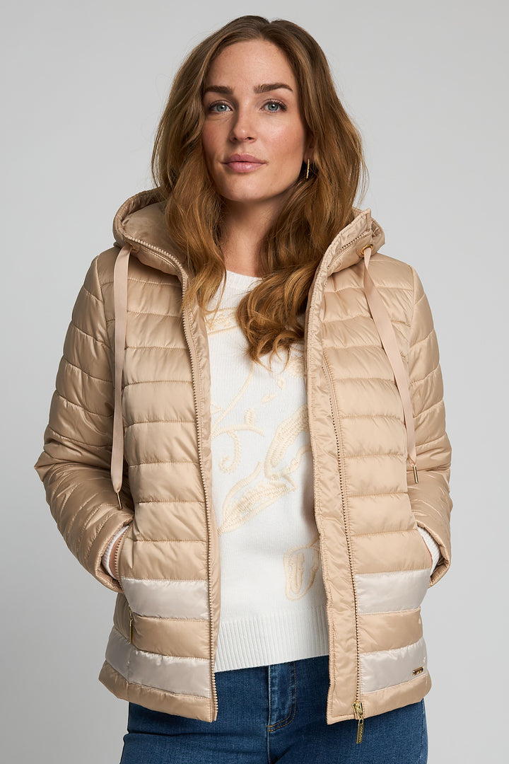 Micha Camel Quilted Hooded Puffer Jacket 144-292 45063, styled