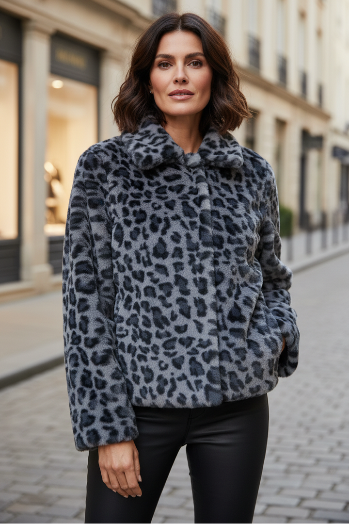 Micha Grey Leopard Print Faux Fur Jacket 145-275 42313, front view