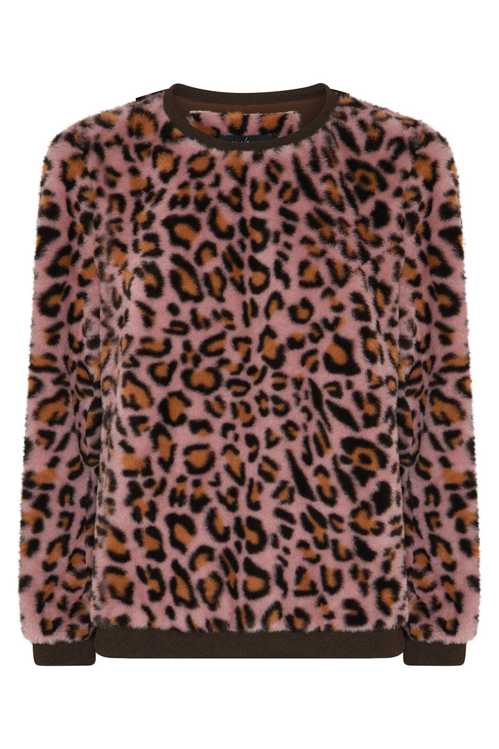 Micha Pink and Brown Leopard Print Faux Fur Jumper 184-112 85072, front view