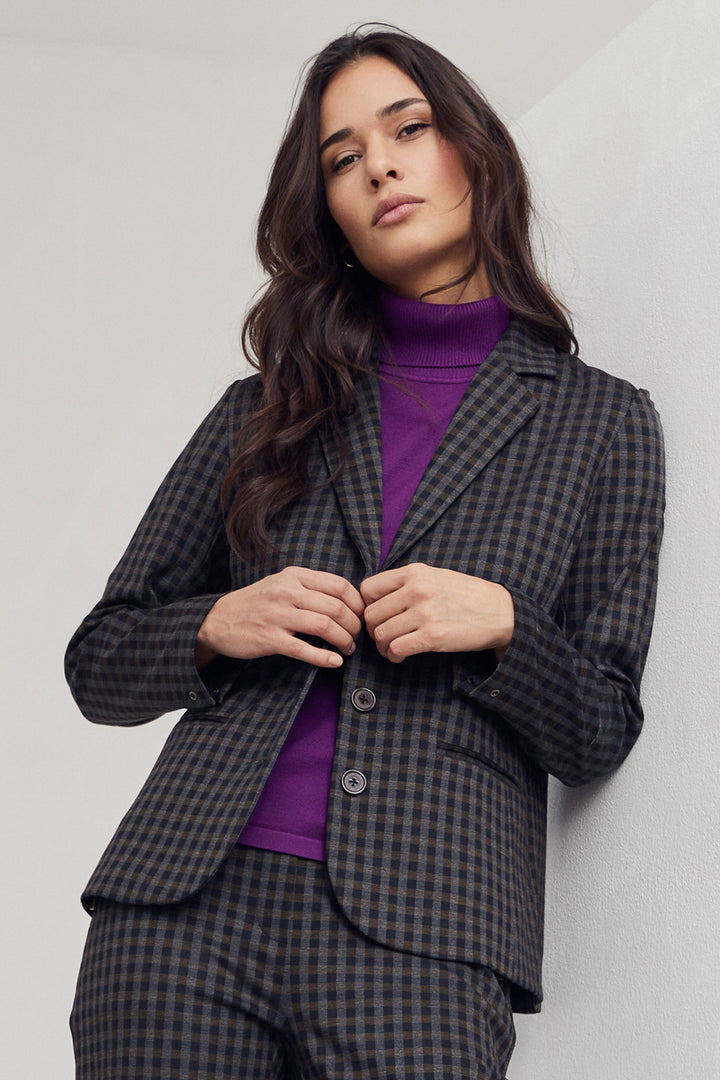 Micha Purple Roll-Neck Jumper 176-104 5385, styled under a check blazer