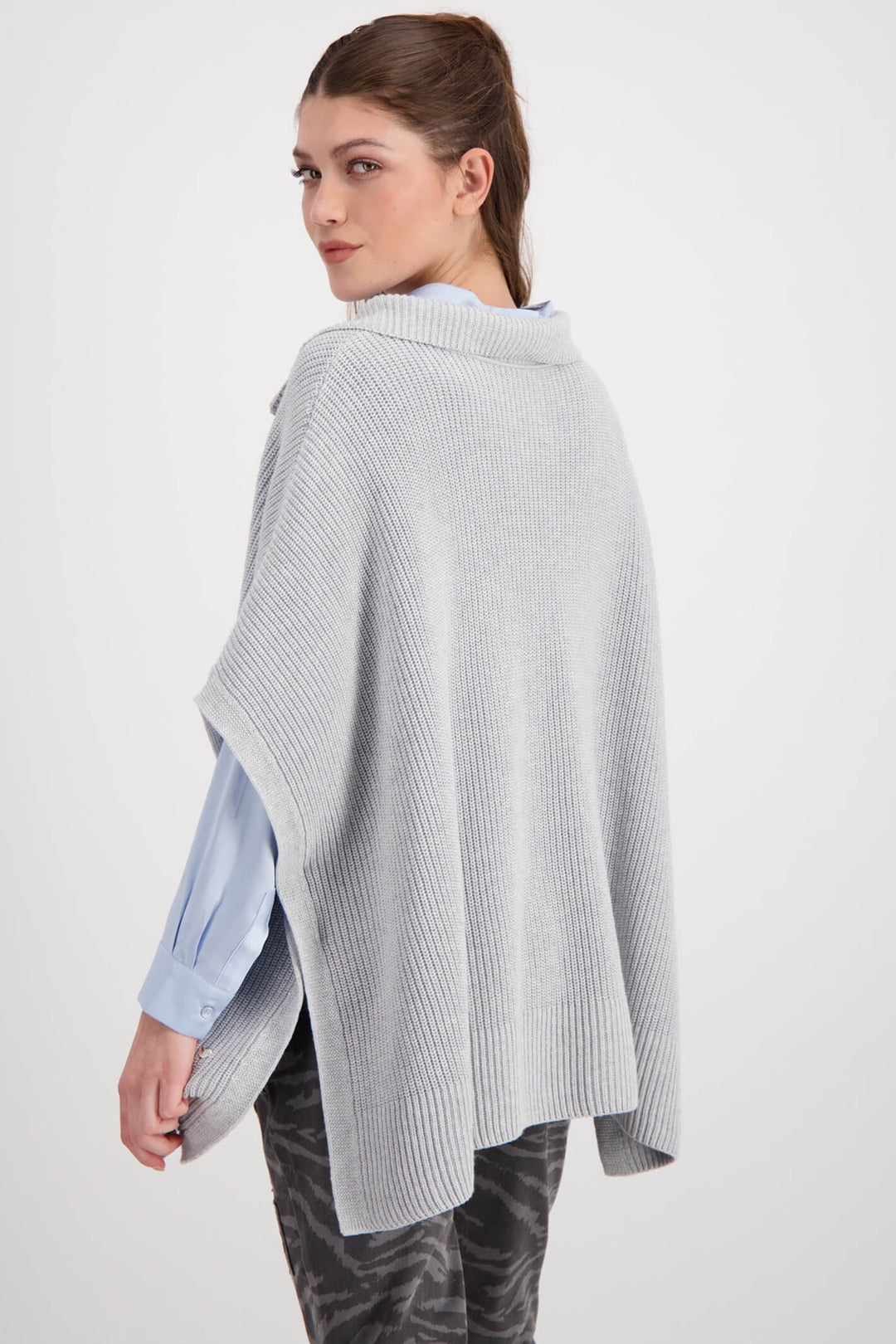 Monari 807055 878 Grey Ash Melange Knitted Poncho - Experience Boutique
