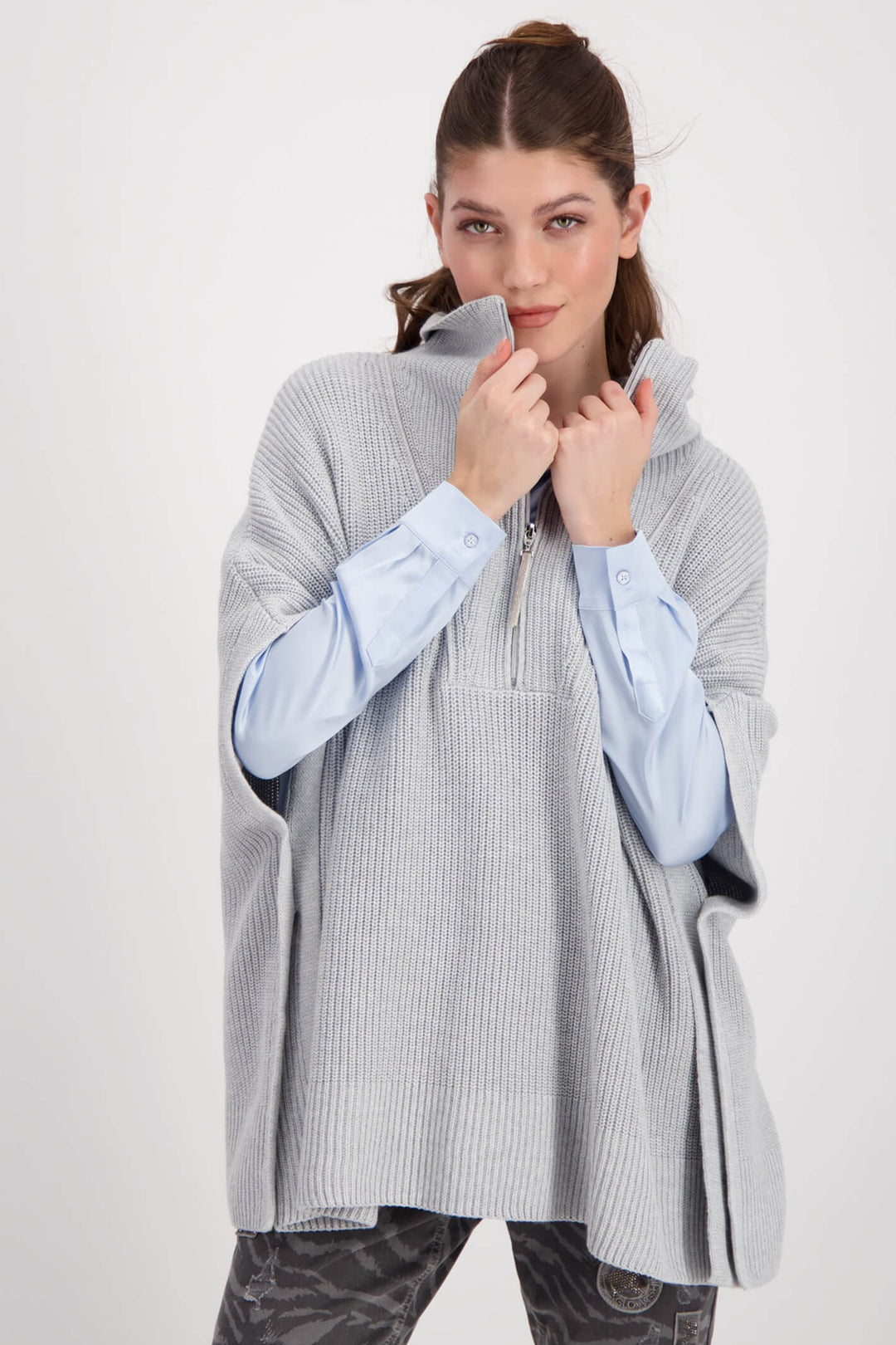 Monari 807055 878 Grey Ash Melange Knitted Poncho - Experience Boutique