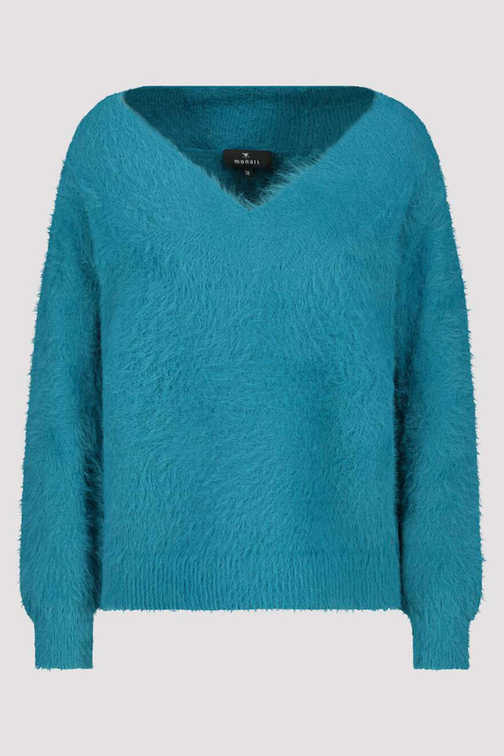Monari 807102 761 Petrol Blue V-Neck Soft Fleece Jumper - Experience Boutique