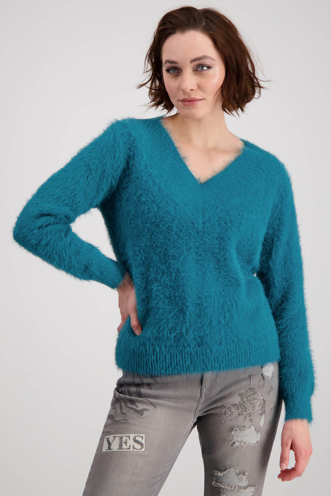Monari 807102 761 Petrol Blue V-Neck Soft Fleece Jumper - Experience Boutique
