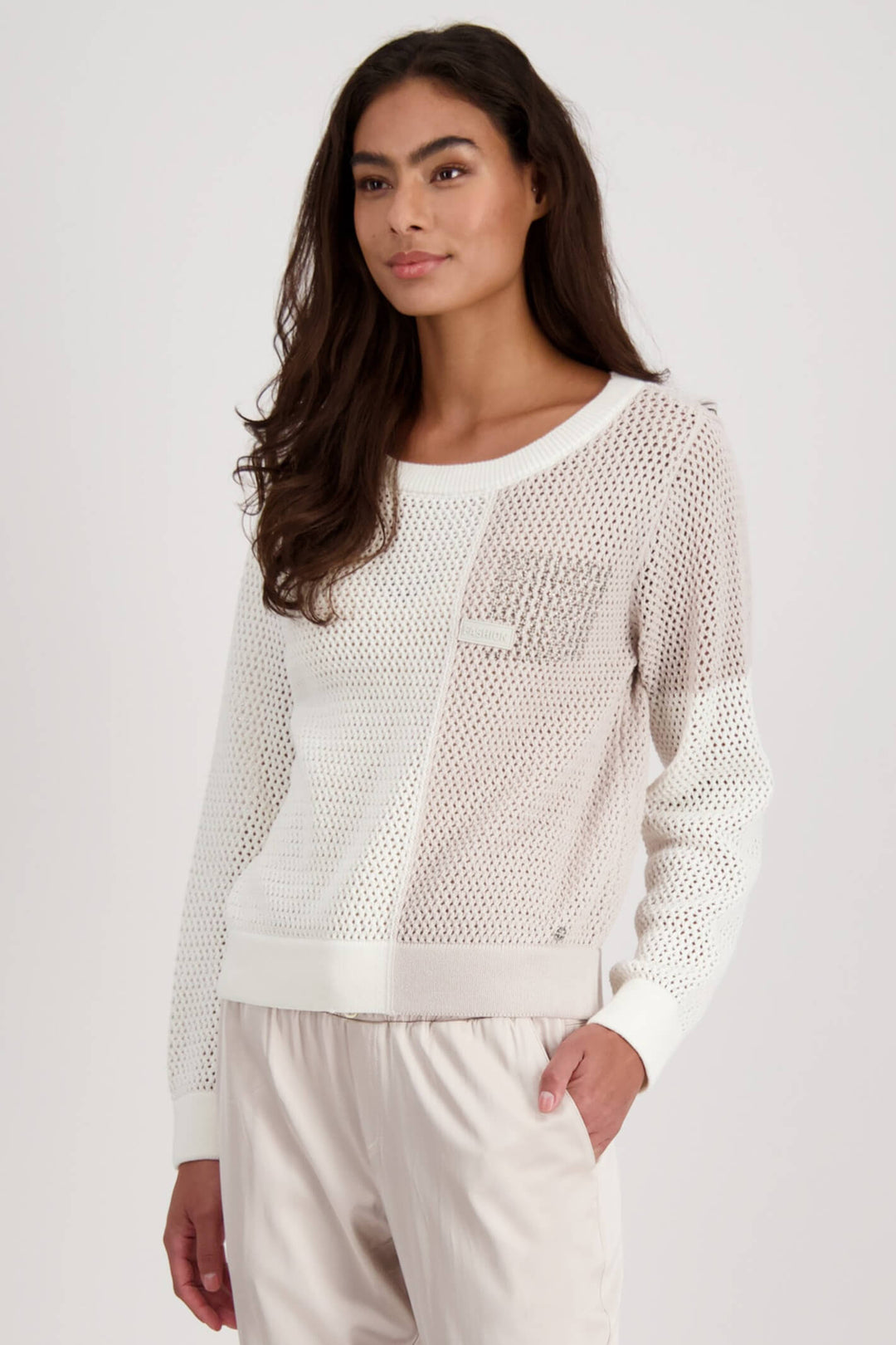 Monari 807130 Cream Embellished Mesh Knit Jumper - Experience Boutique