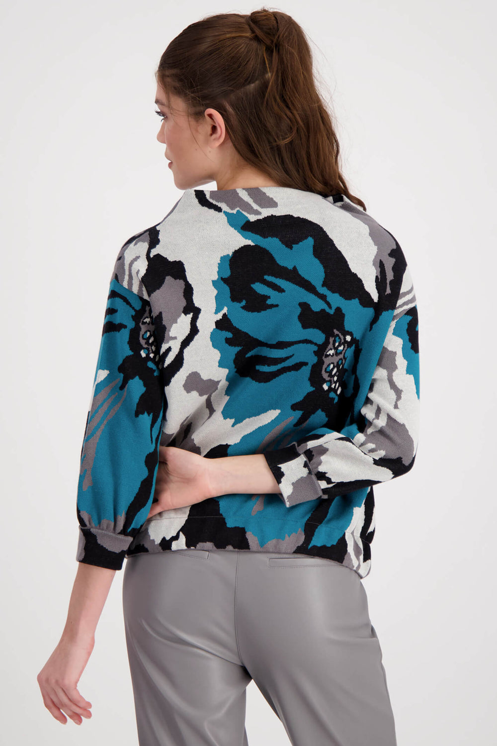 Monari 807193 763 Teal Floral Jacquard Stand Up Collar Jumper - Experience Boutique