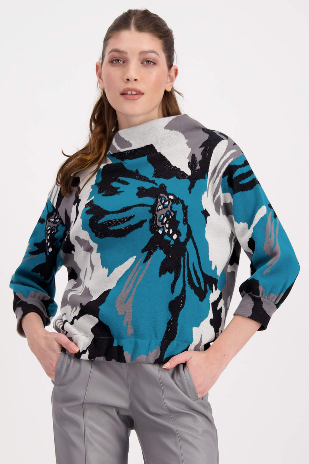 Monari 807193 763 Teal Floral Jacquard Stand Up Collar Jumper - Experience Boutique