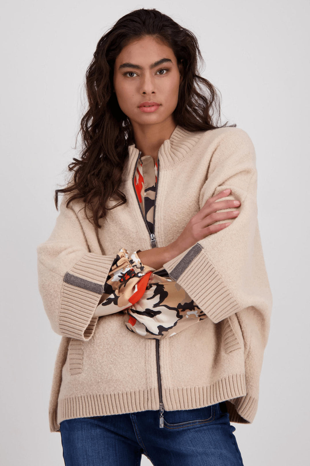 Monari 807212 Biscuit Knitted Poncho Cape Jacket - Experience Boutique