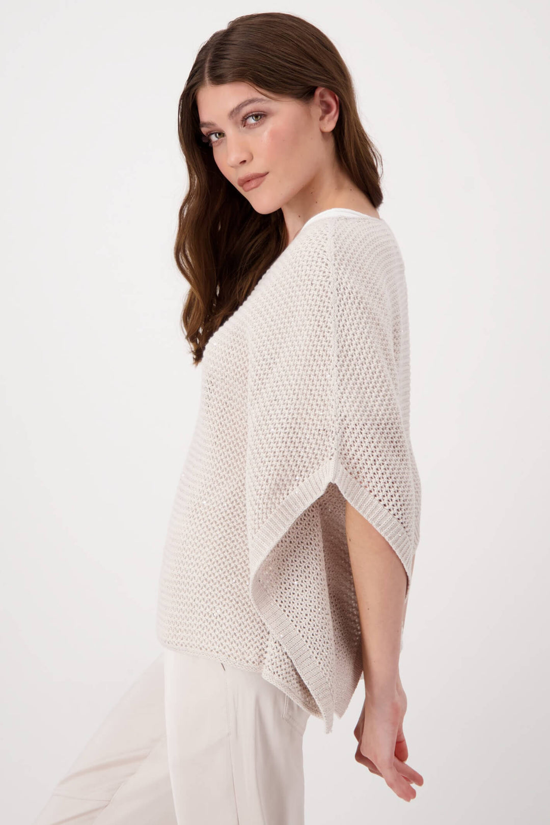 Monari 807271 Cream Knitted Openwork Poncho Jumper - Experience Boutique