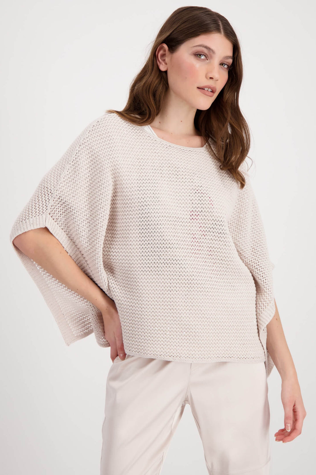 Monari 807271 Cream Knitted Openwork Poncho Jumper - Experience Boutique