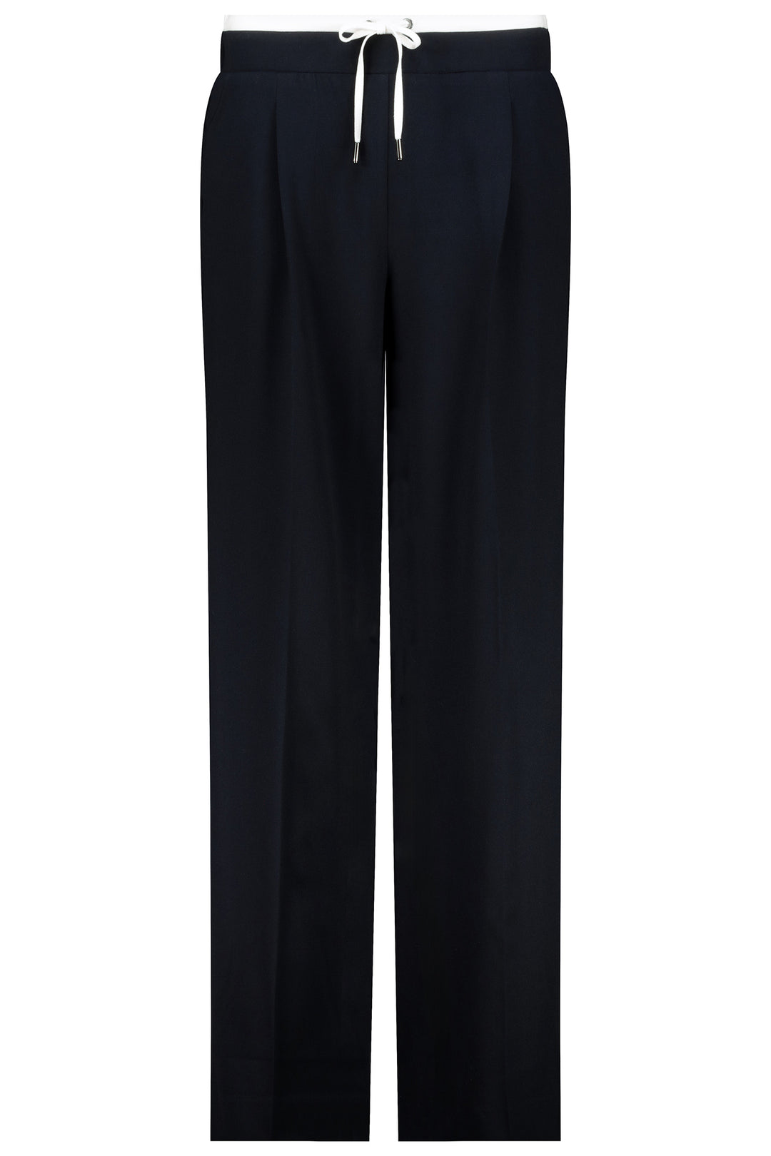 Black pants with a white drawstring on a white background