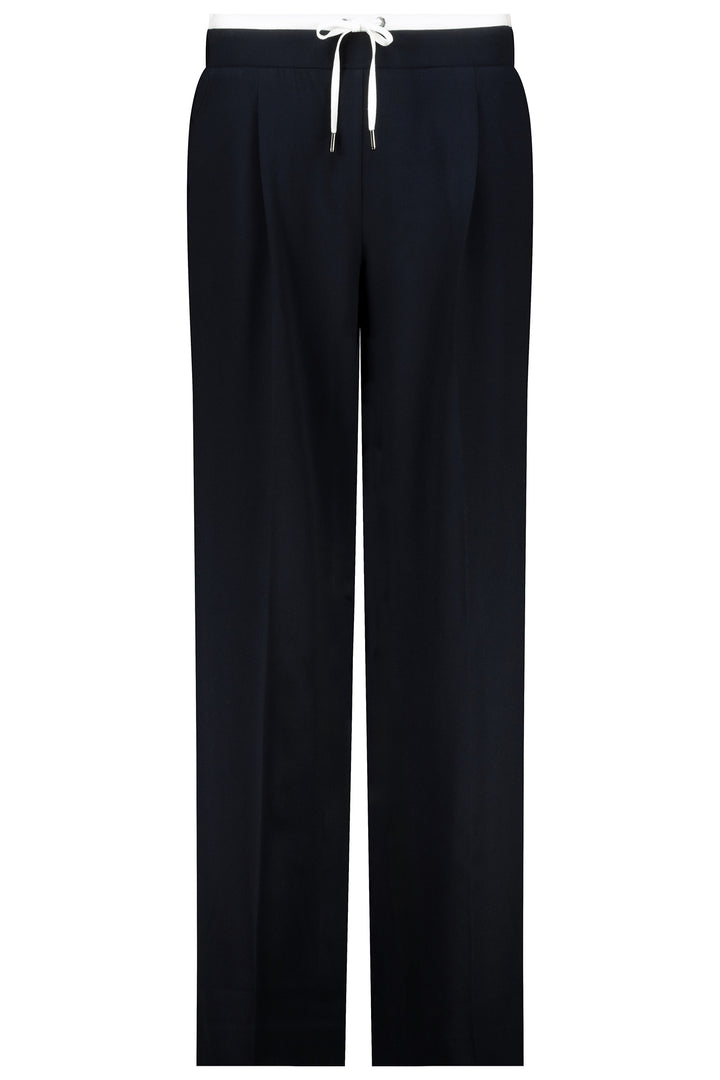 Black pants with a white drawstring on a white background