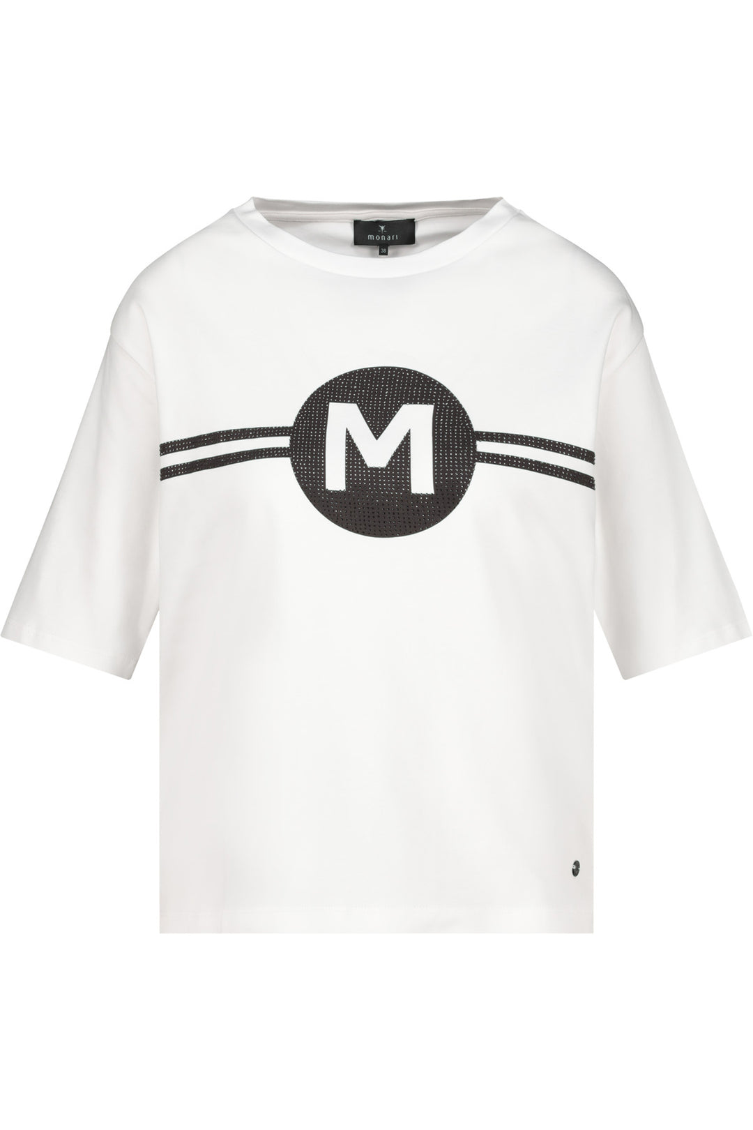 White t-shirt with black circular logo featuring the letter 'M' on a white background