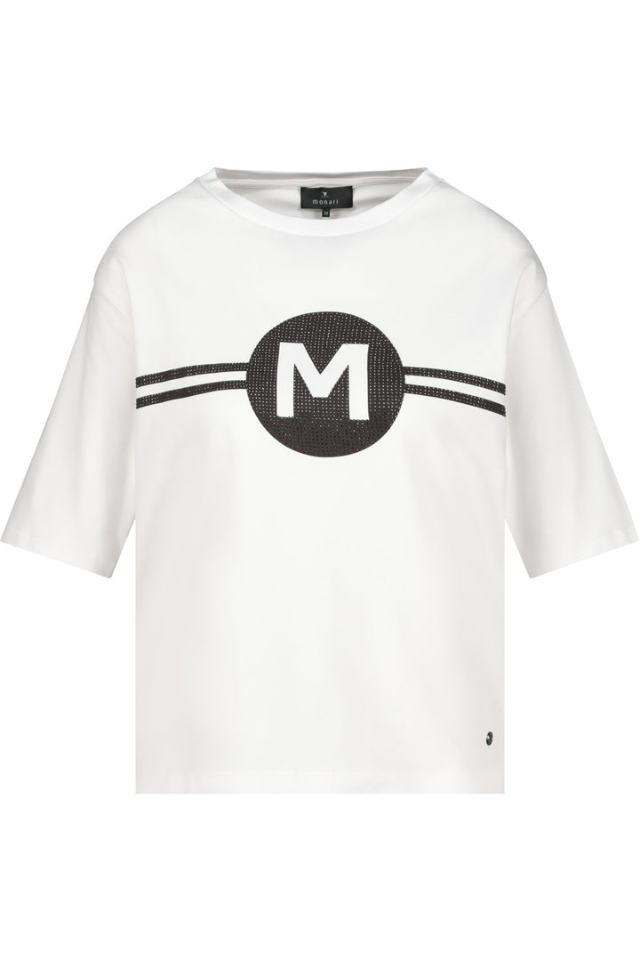 White t-shirt with black circular logo featuring the letter 'M' on a white background