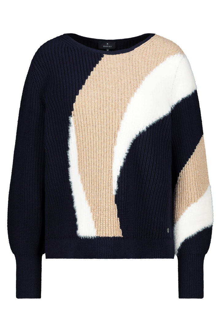 Color-blocked sweater with navy, beige, and white design on a white background