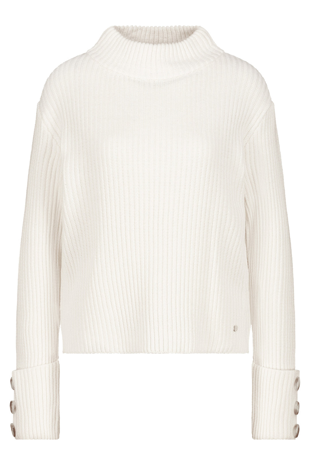 White ribbed sweater with button details on a white background