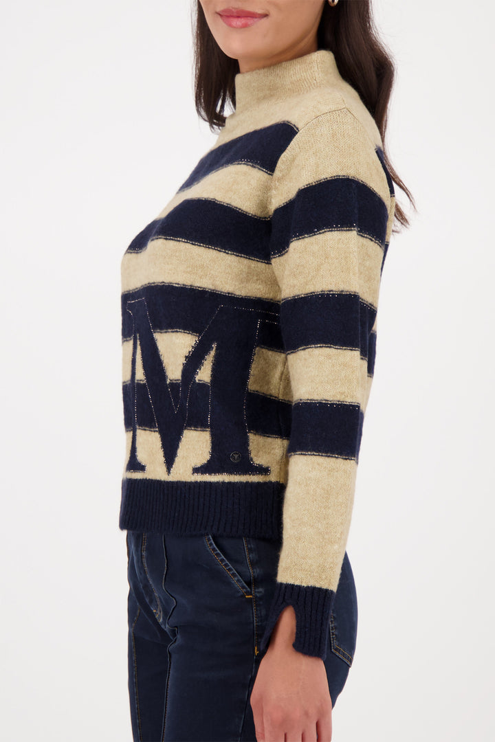 Beige and navy striped sweater with a logo on a white background