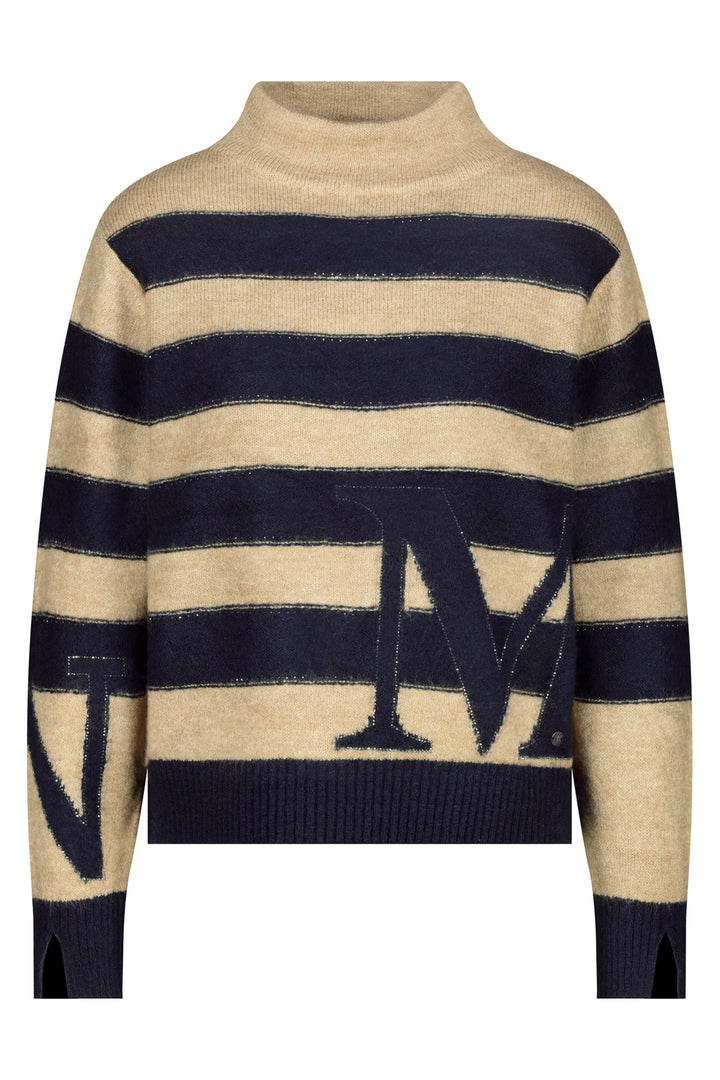Beige and navy striped sweater with a logo on a white background