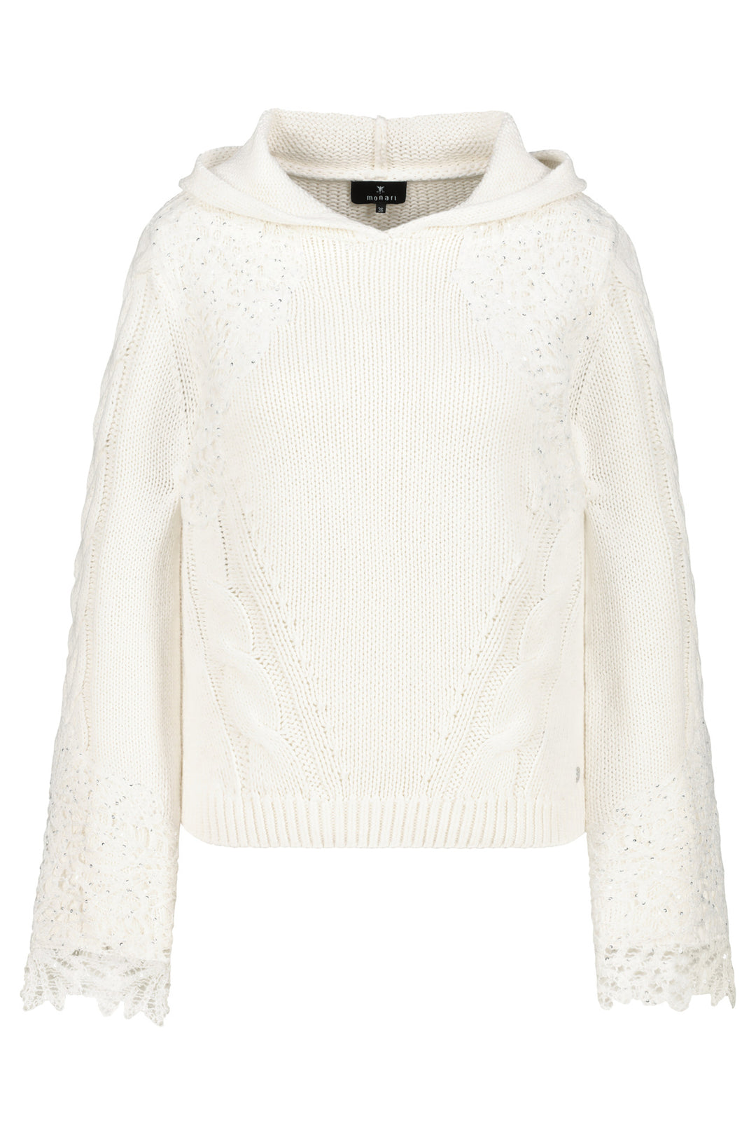 White lace-trimmed sweater on a white background
