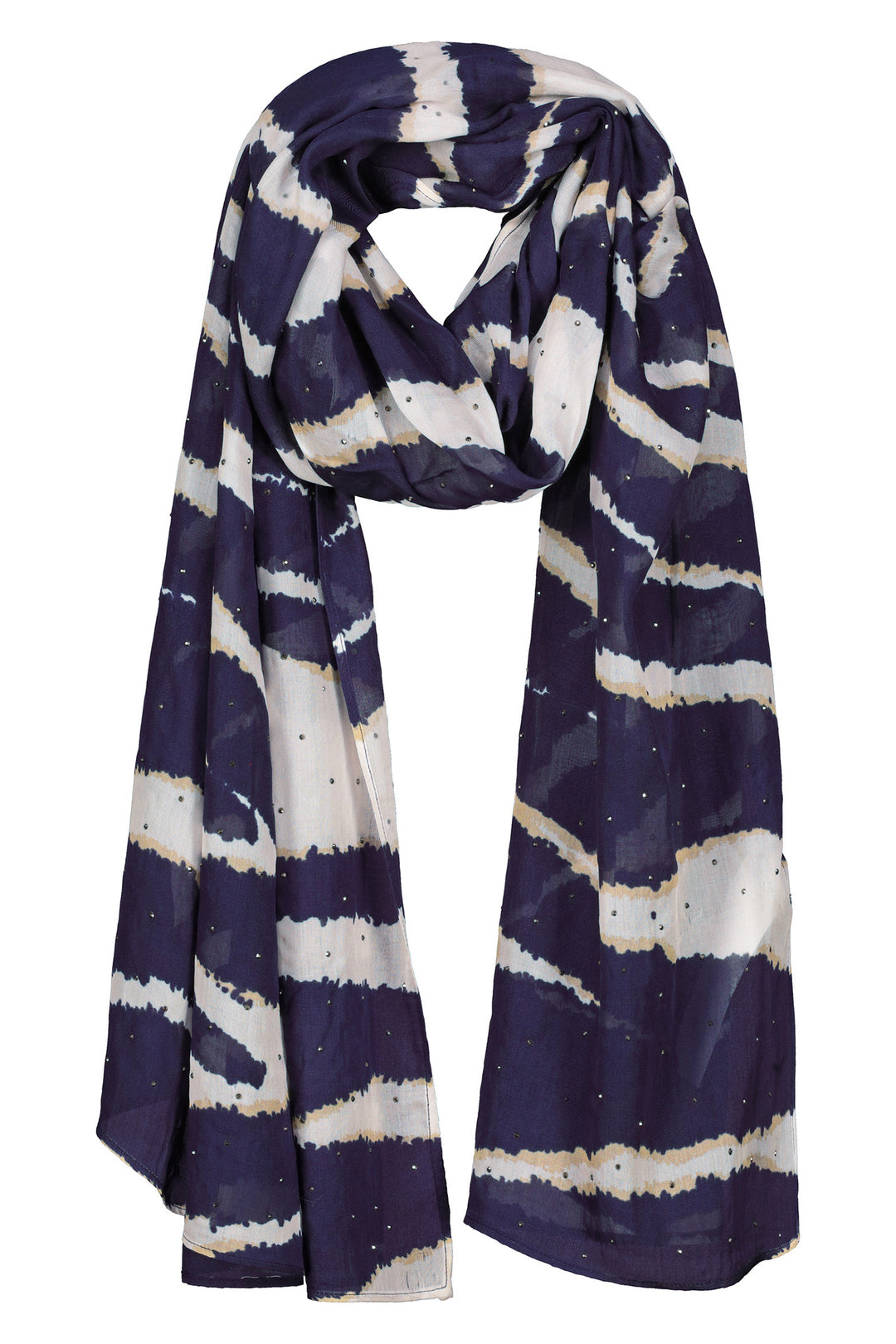Navy and white striped scarf on a white background