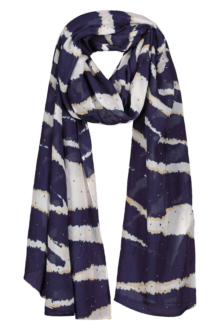 Navy and white striped scarf on a white background