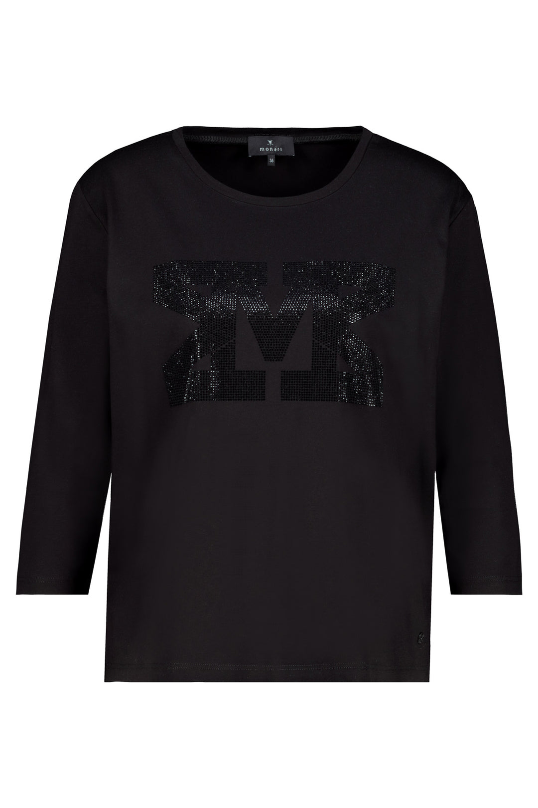 Black long-sleeve top with sequin logo on a white background