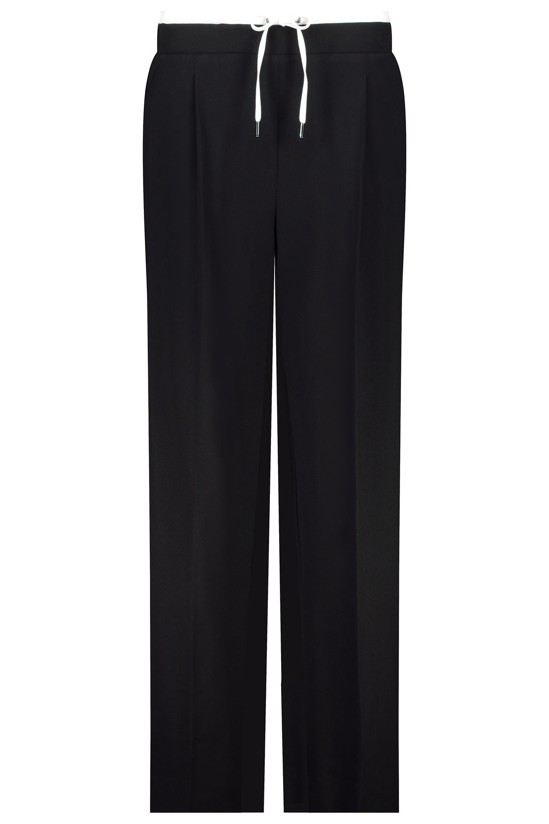 Black pants with a white drawstring on a white background