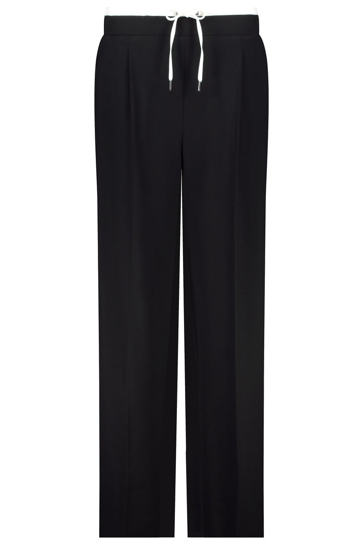 Black pants with a white drawstring on a white background