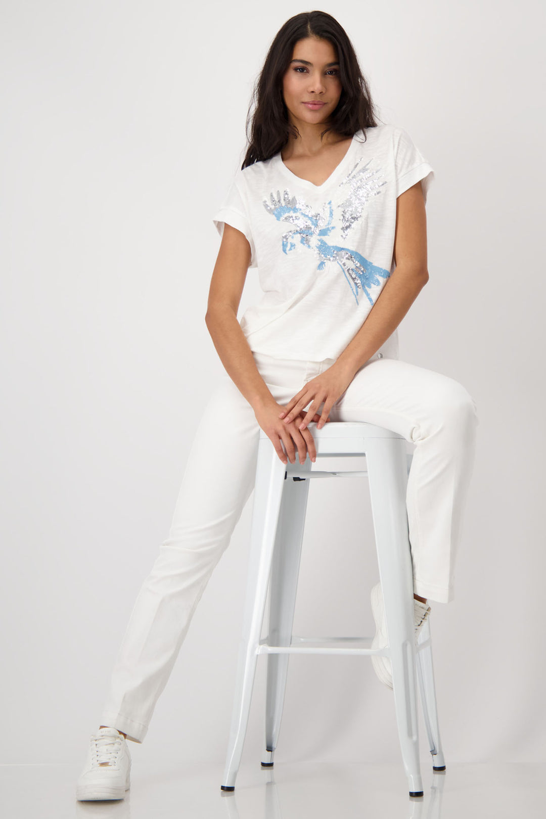 Monari Off White Parrot Print Short Sleeve T-Shirt 409149 - Experience Boutique