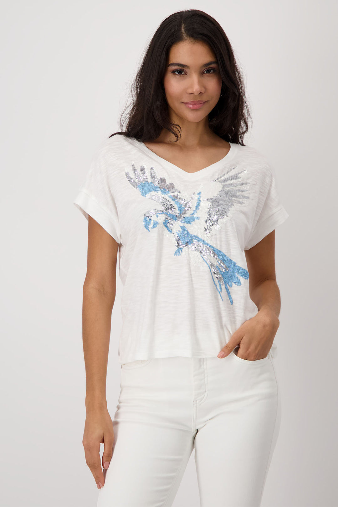 Monari Off White Parrot Print Short Sleeve T-Shirt 409149 - Experience Boutique